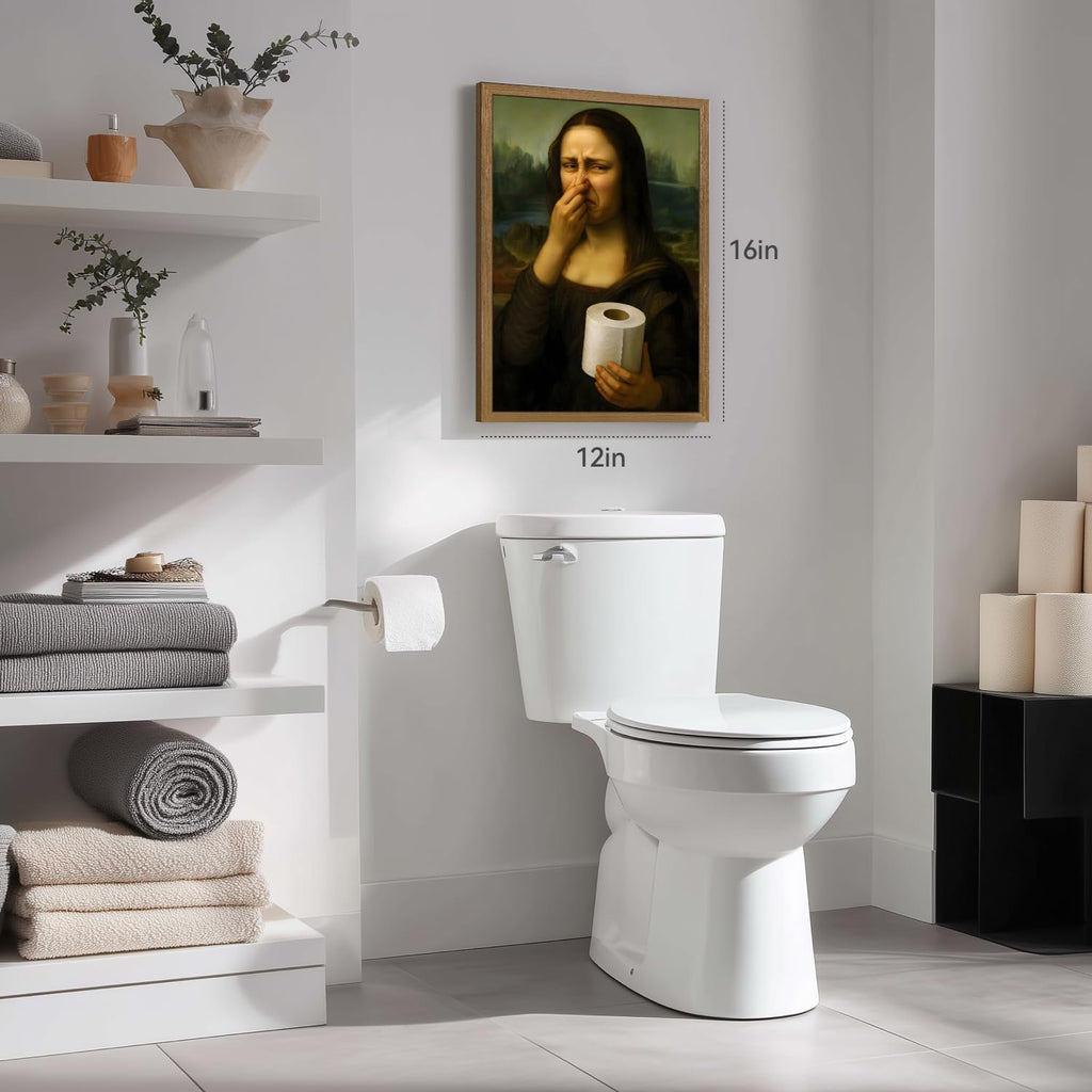 Wood Framed Funny Pinching Nose Mona Lisa Bathroom Wall Art 12x16 in