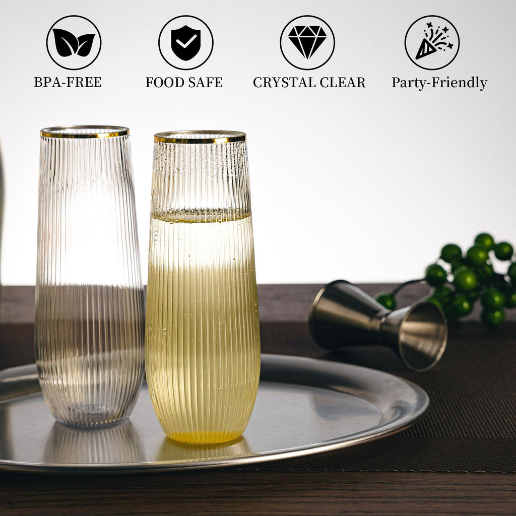 36PACK 9oz Stemless Clear Plastic Champagne Flutes with Gold Rim