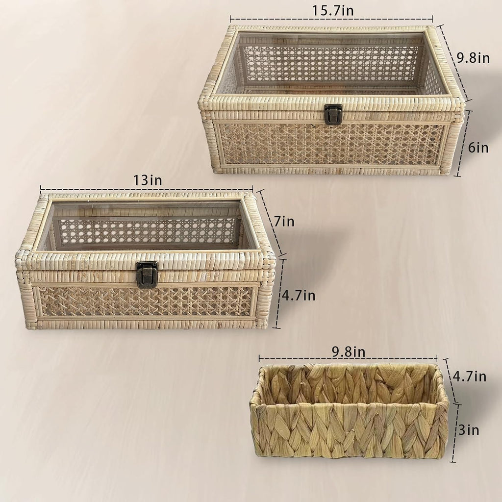 Decorative Box,Rattan Display Boxes with Lids-Rectangular Decorative Storage Box Set,Natural Woven Storage - Set of 3