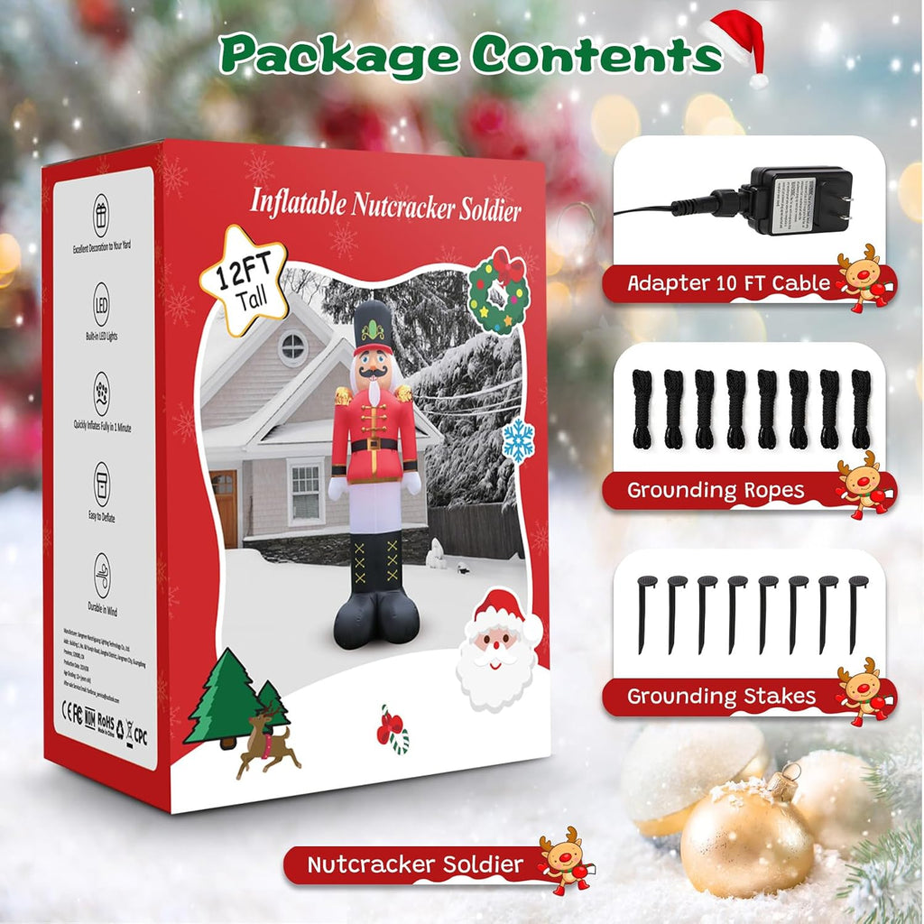 12 FT Christmas Inflatable Nutcracker Soldier Outdoor Yard Decoration, Blow up Soldier Built-in Bright LED Light