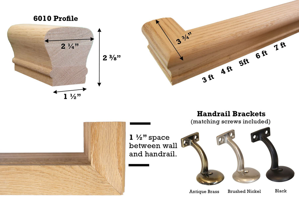 Solid Red Oak Handrail Kit with Wall Returns and Wall Mount Brackets (Matching Screws Included). 6010 Profile