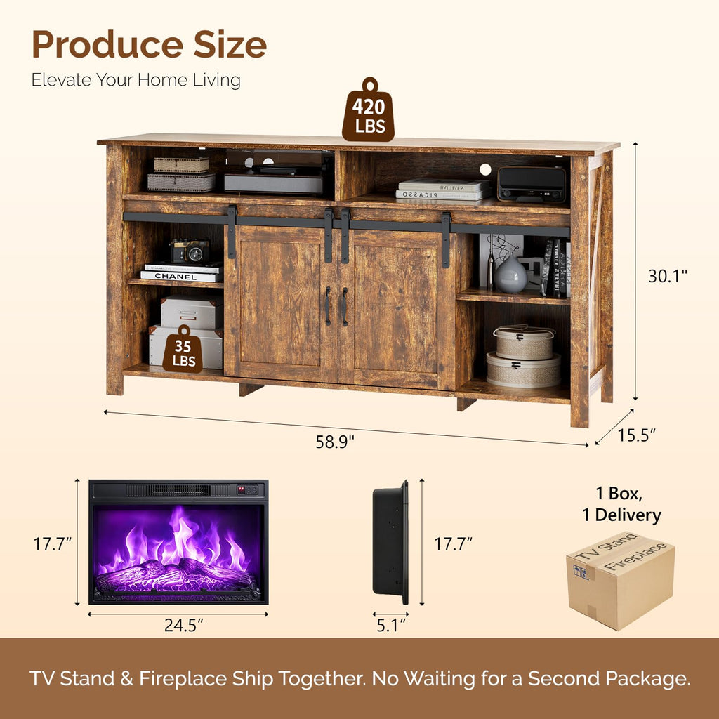 58" Fireplace TV Stand for up to 65" TVs, 1 Package, Farmhouse Brown