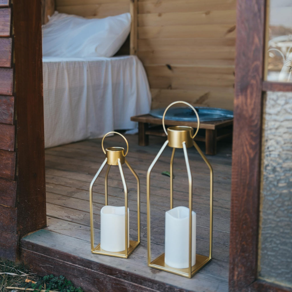 Modern Farmhouse Lantern Decor- Gold Metal Candle Lanterns for Christmas- Lanterns Decorative w/Timer Flickering