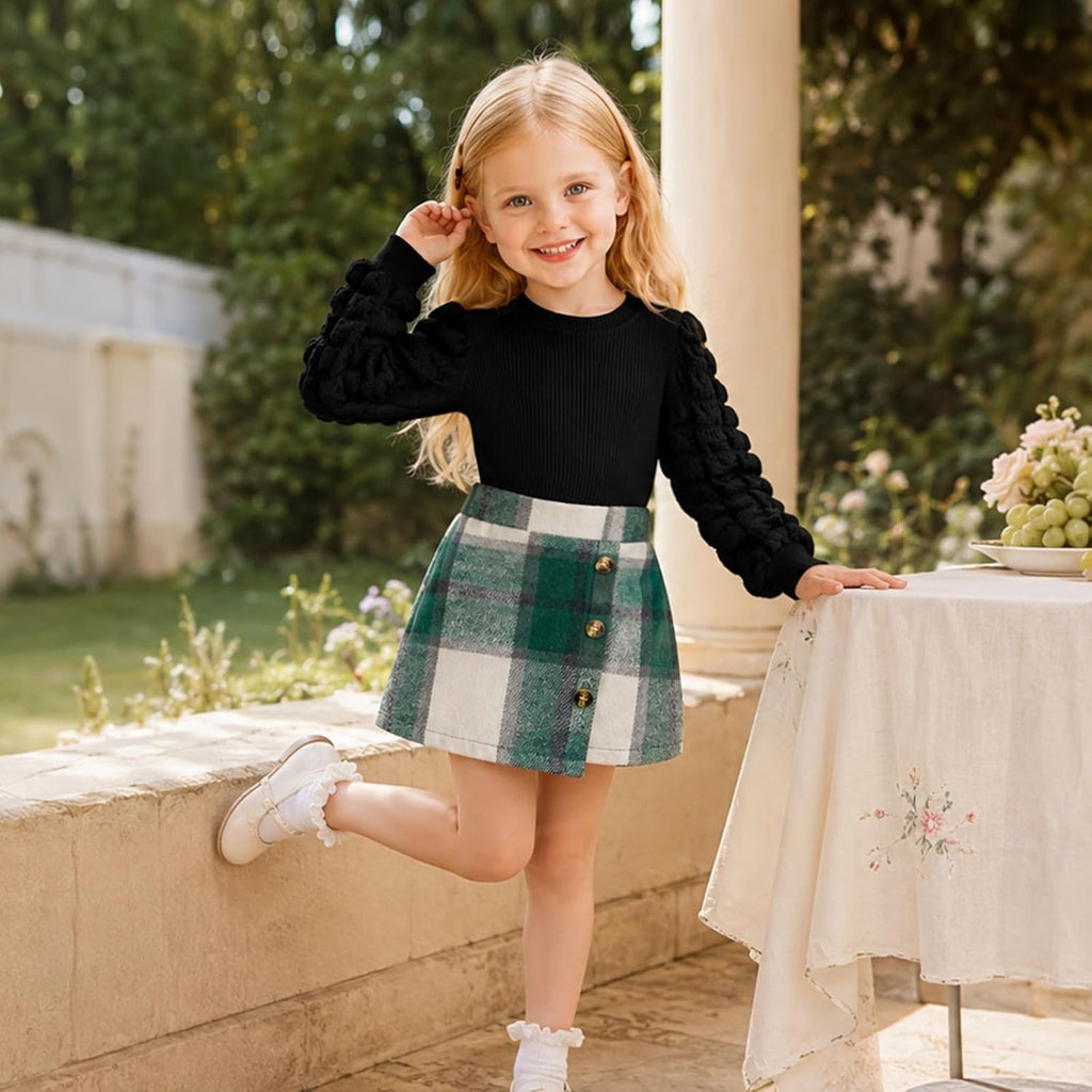 Toddler Girl Plaid Outfits Ribbed Knit Top and Skirt Set
