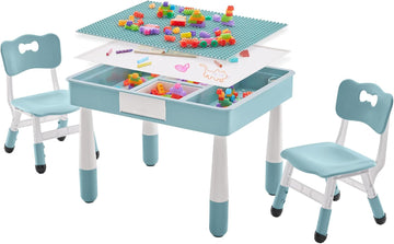 Kids Table & 2 Chairs Set, Double-Sided with Storage,Grayish Blue