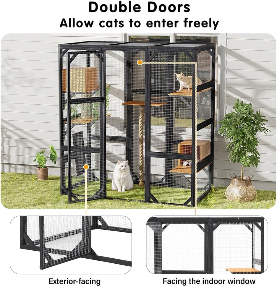 Outdoor Catio Enclosure, Large Walk-In Cat Cage with Platforms, Condos, Climbing & Scratching Posts, Pine Wood Cat