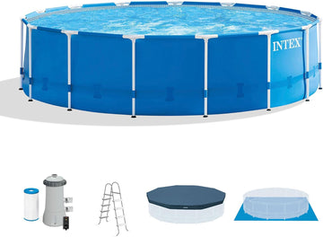 15 Foot by 48 Inch Round Metal Frame Above Ground Swimming Pool Set for Outdoor Use with Filter Pump, Ladder, Ground