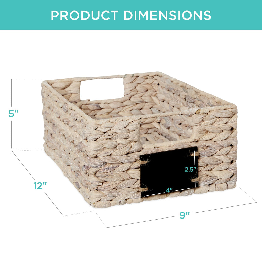 Set of 4 9x12in Water Hyacinth Pantry Baskets, Woven Organizers w/Chalkboard Label, Chalk Marker - White