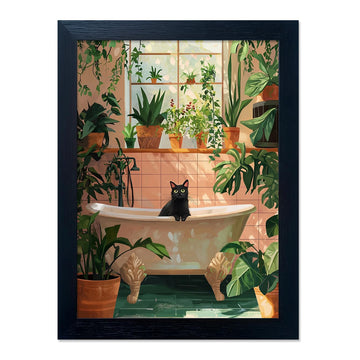 Framed Funny Bathroom Wall Decor Green Plant Picture Painting Modern Bathroom Wall Art Bath Black Cat Canvas Print