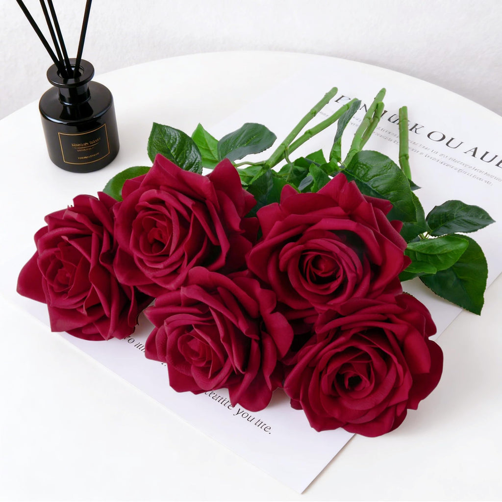 Real Touch Roses Artificial Flowers, 5Pcs Dark Red Faux Silk Rose