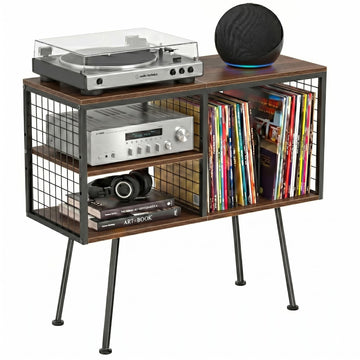 Record Player Stand with Vinyl Storage, Industrial Turntable Stand Cabinet with Metal Wire Mesh & Album Dividers, Mid