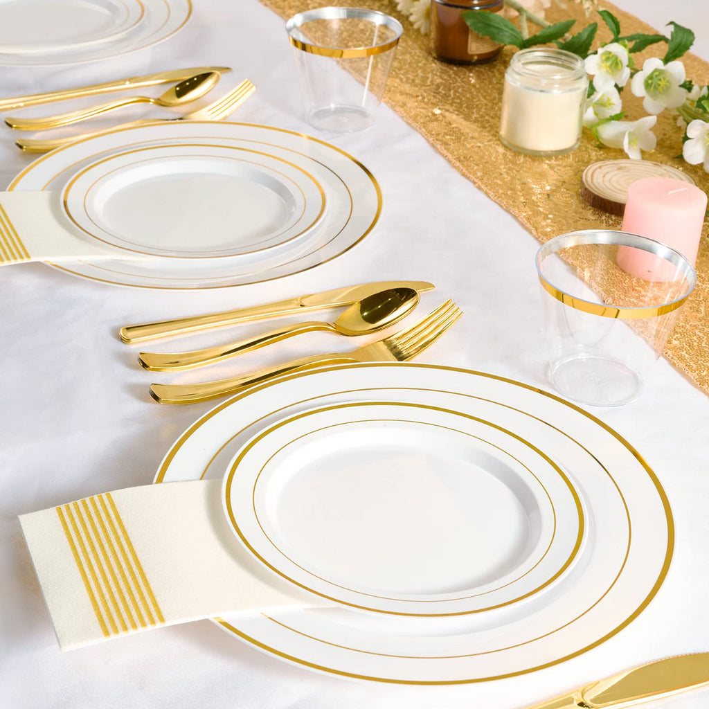 Gold Plastic Plates Set of 60, Disposable Plates with Gold Rim