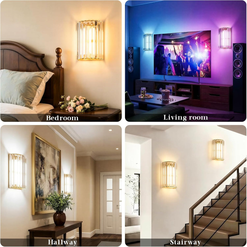 Gold Battery Operated Wall Sconces Set of Two, Crystal Wireless Wall Lights with Remote, Rechargeable Cordless Wall