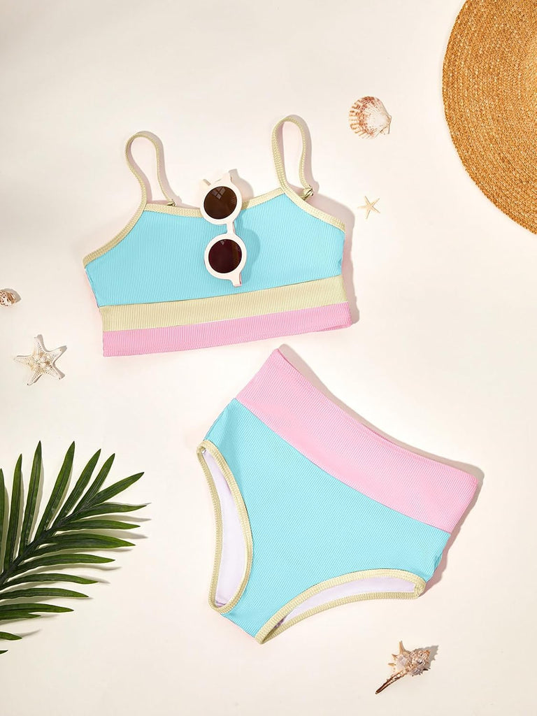Girls Swimsuits Bikini Set Adjustable Straps Two Piece Color Block Girls' Swimwear with Chest Pad