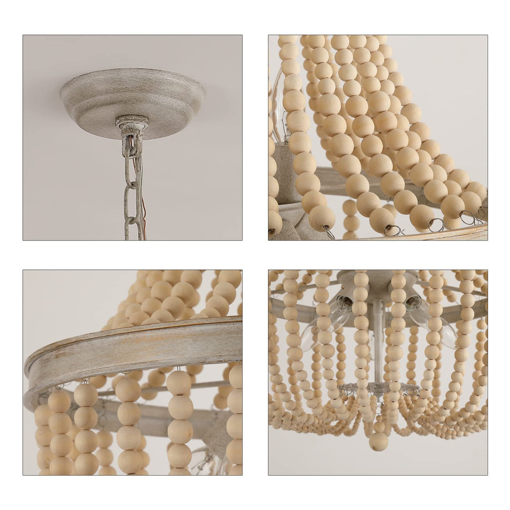 Farmhouse Wood Beaded Chandelier, Oak White 8-Lights Retro Vintage Antique Rustic Boho Pendant Light Fixture for Foyer