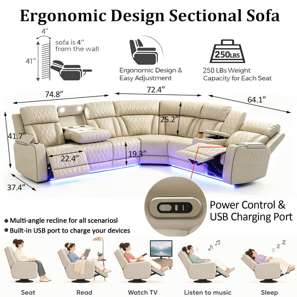 Breathing Leather Power Reclining Sofa Set, Sectional Couch with LED Light