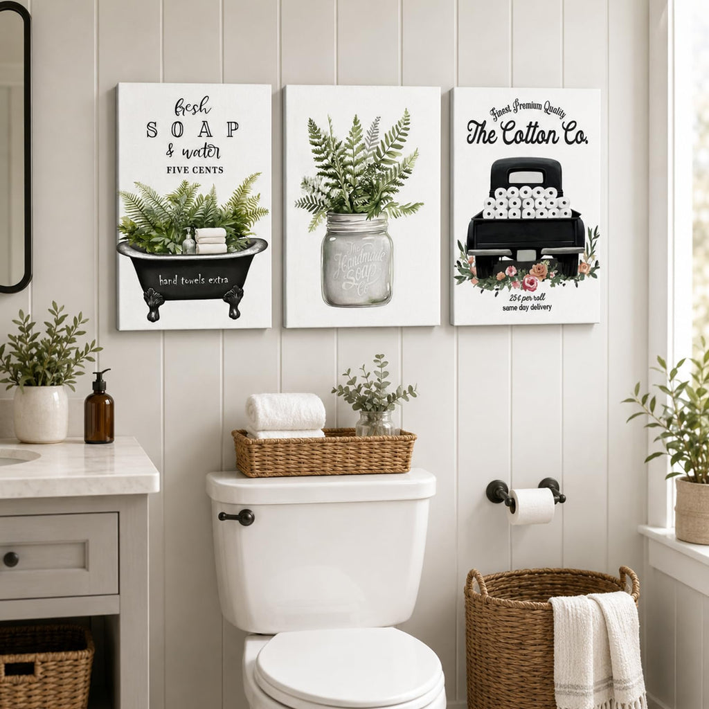 3 Piece Farmhouse Bathroom Decor Wall Art-Rustic Bathroom Canvas Print for Country Room Wall Decor, Rustic Botanical