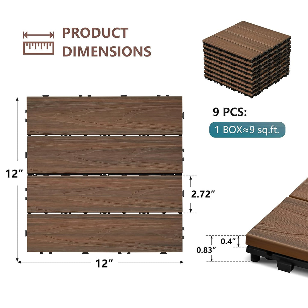 9 Pack Deck Tiles, 12''X 12'' Interlocking Deck Tiles All Weather Patio Flooring Outdoor Waterproof for Balcony Porch