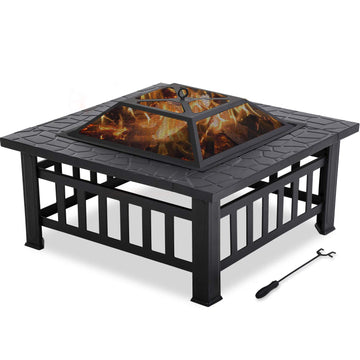 32'' Outdoor Fire Pit Metal Square Firepit Patio Stove Wood Burning for Backyard Garden Camping Picnic Bonfire with