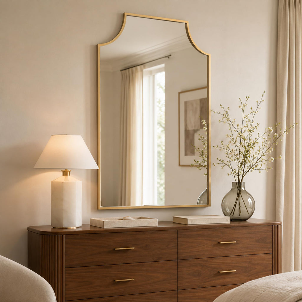 24x36 Inch Matte Gold Scalloped Arch Bathroom Vanity Mirror