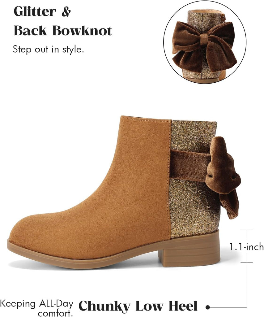 Girls Ankle Boots Bow Glitter Chunky Low Heel Zip Dress Booties