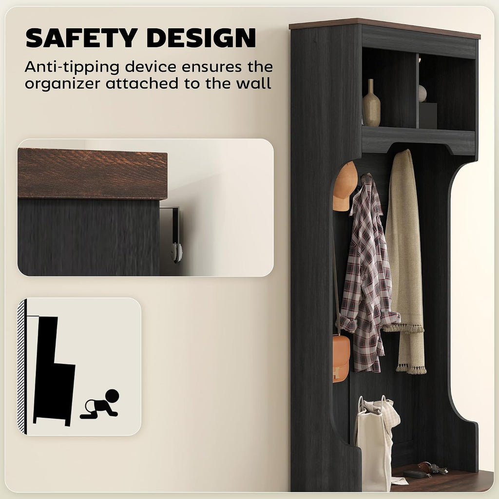 3-in-1 Hall Tree with Shoe Storage, Standing Coat Rack with Shoe Bench, Entryway Furniture with Three Hooks, Black
