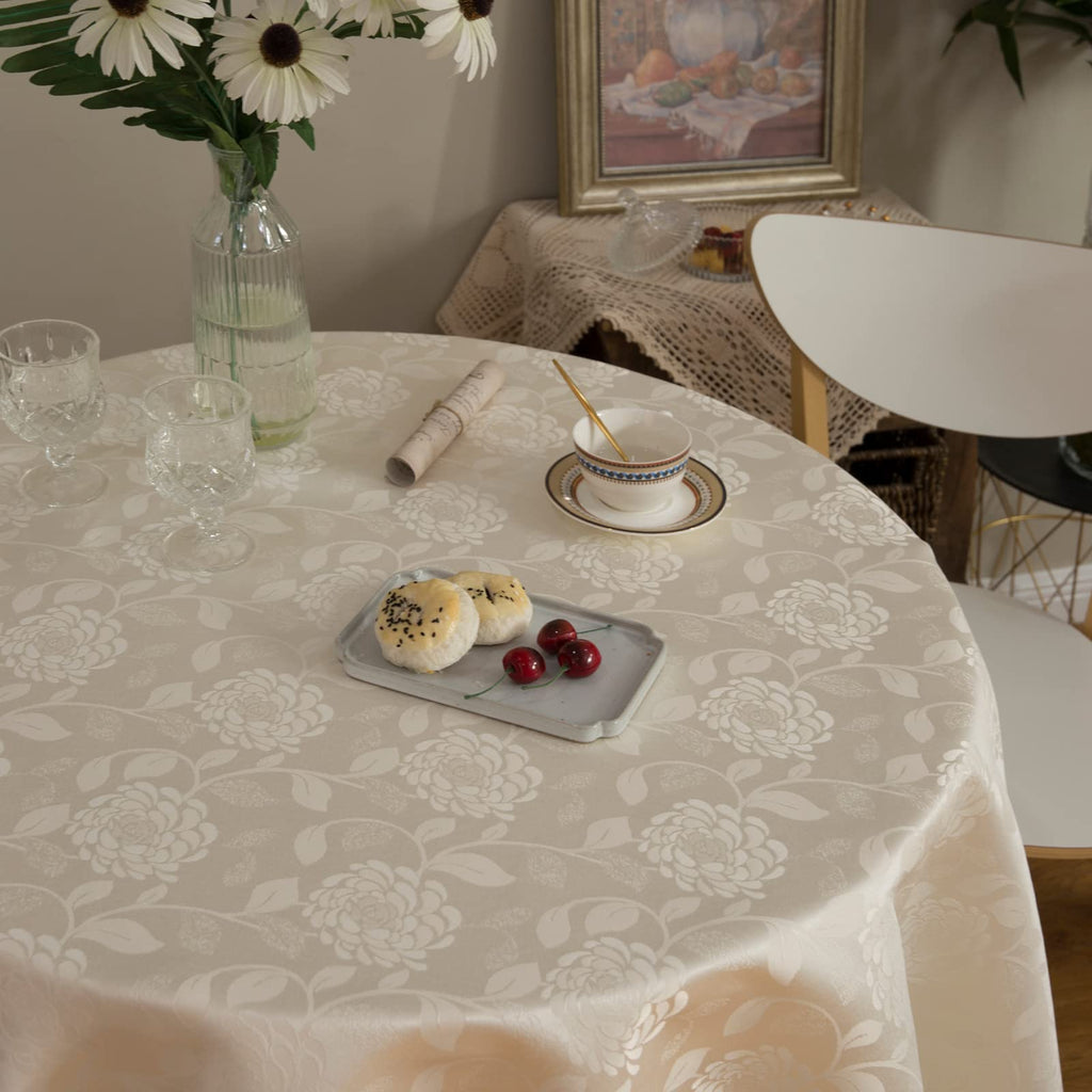 Round Tablecloth Waterproof Spillproof Lace Trim Damask Fabric Table Cloth for Wedding Kitchen Dinning Tabletop