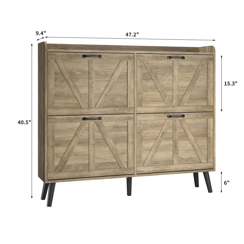 Farmhouse Shoe Cabinet Storage with 4 Flip Drawers, Rustic Oak丨Shoe Cabinet Slim, Freestanding Shoe Cabinet