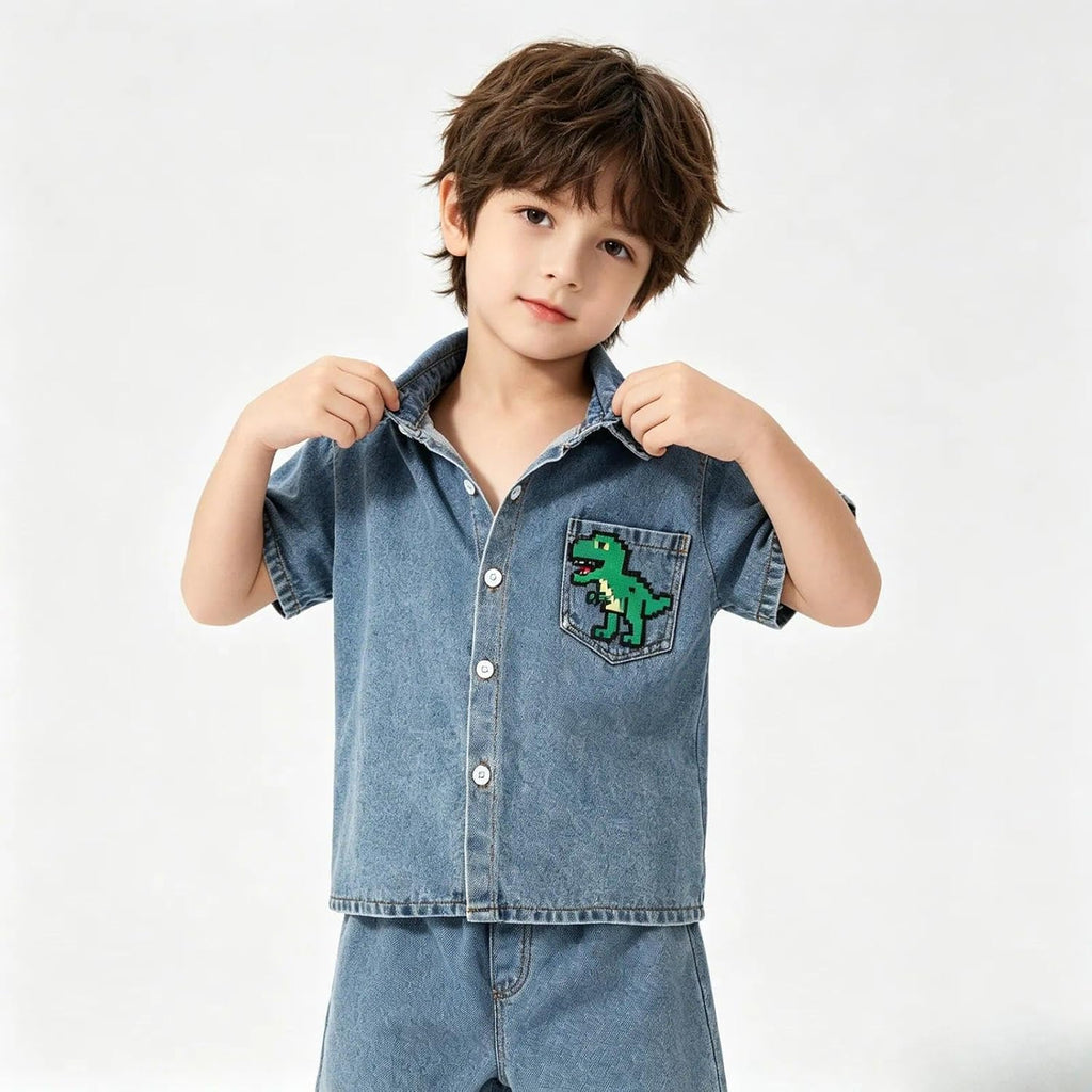Klyatpxen 2Pcs Toddler Boys Denim Outfit Short Sleeve Button Up Jean Jacket Denim Shorts Summer Spring Clothing Set