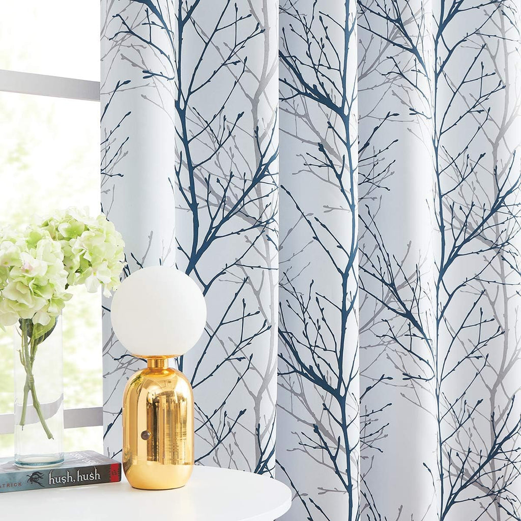 100% Blackout Curtains, Blue White Tree Curtains 84 Inches Long, Grey Farmhouse Room Darkening Window Curtains for