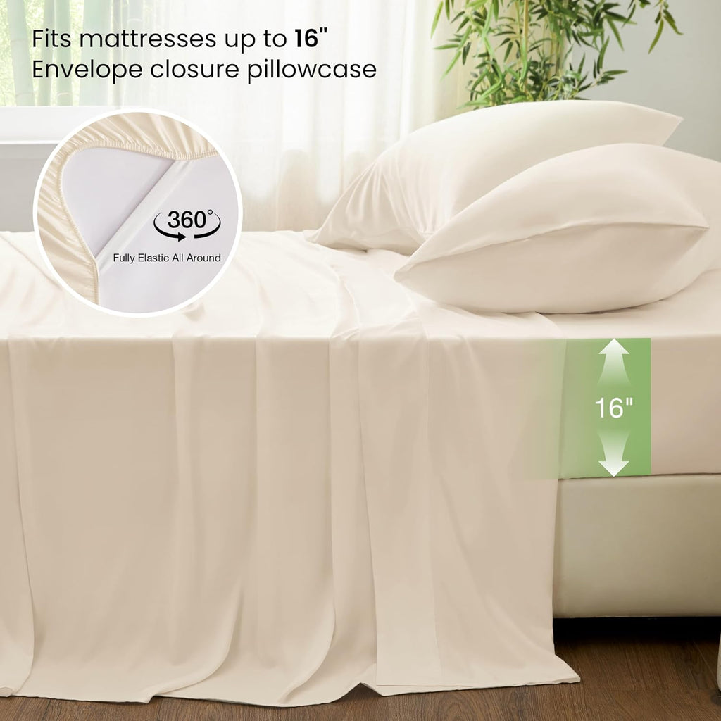 4 Piece King Sheet Set, 100% Rayon Derived from Bamboo, Cooling & Breathable, Soft Silky Deep Pocket up to 16", Hotel