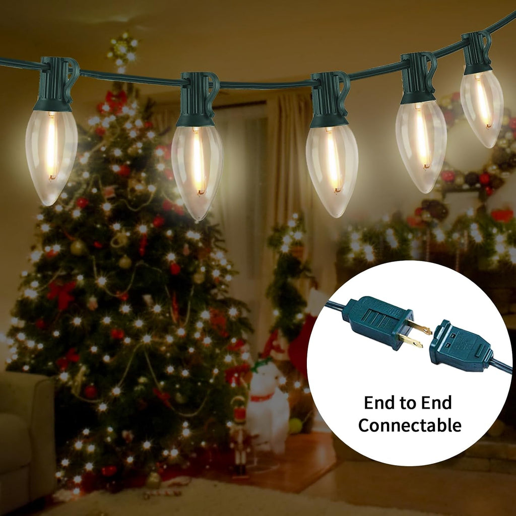 25FT C9 Christmas Lights Outdoor, Clear Warm White LED, Waterproof