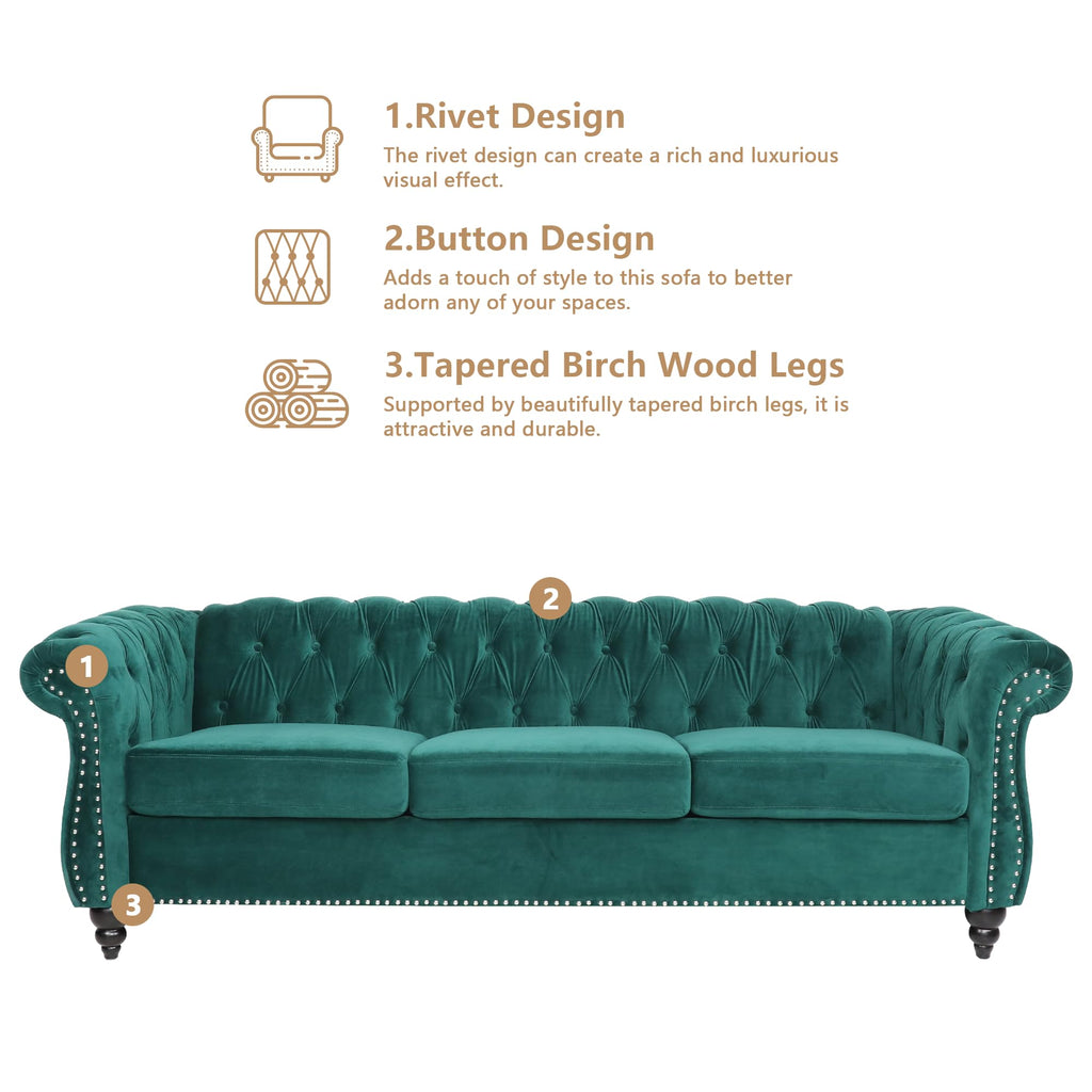 Accent Large Sofa, Chesterfield Couch 3 Seater Modern Velvet Couch Upholstered Sofa with Tufted Back Furniture (Green)