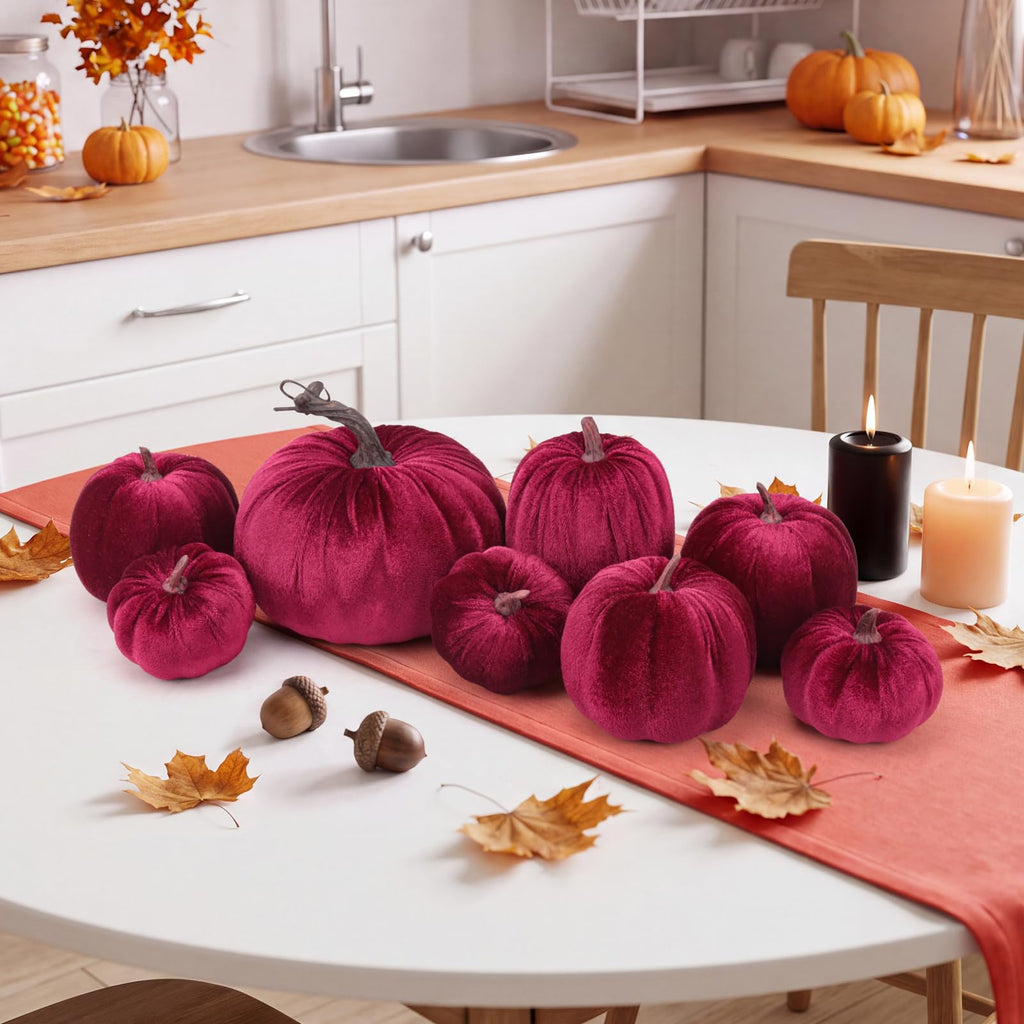 8 Pcs Fake Wine Red Velvet Pumpkins Artificial Pumpkin Decoration