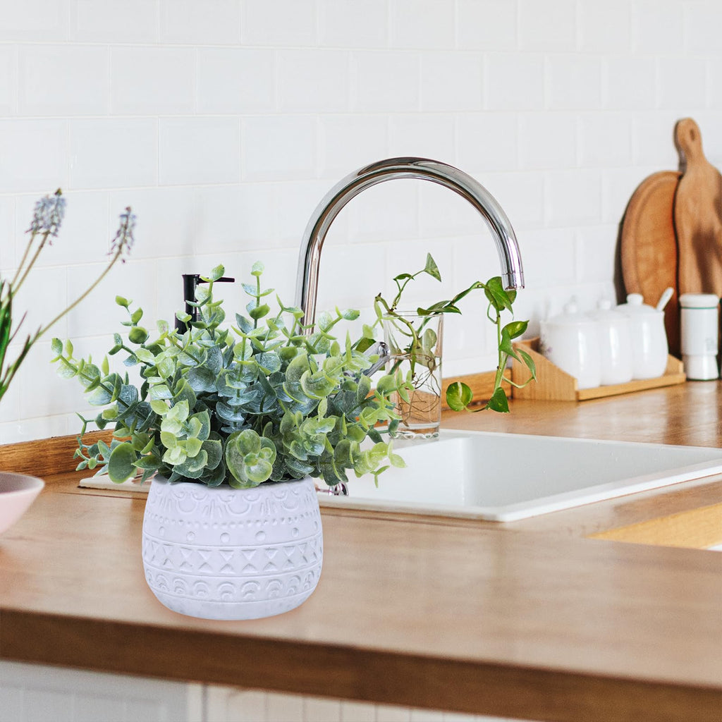 Set of 2 Small Artificial Potted Plants Faux Eucalyptus Plant in White Geometric Ceramic Pots Small Desk Potted