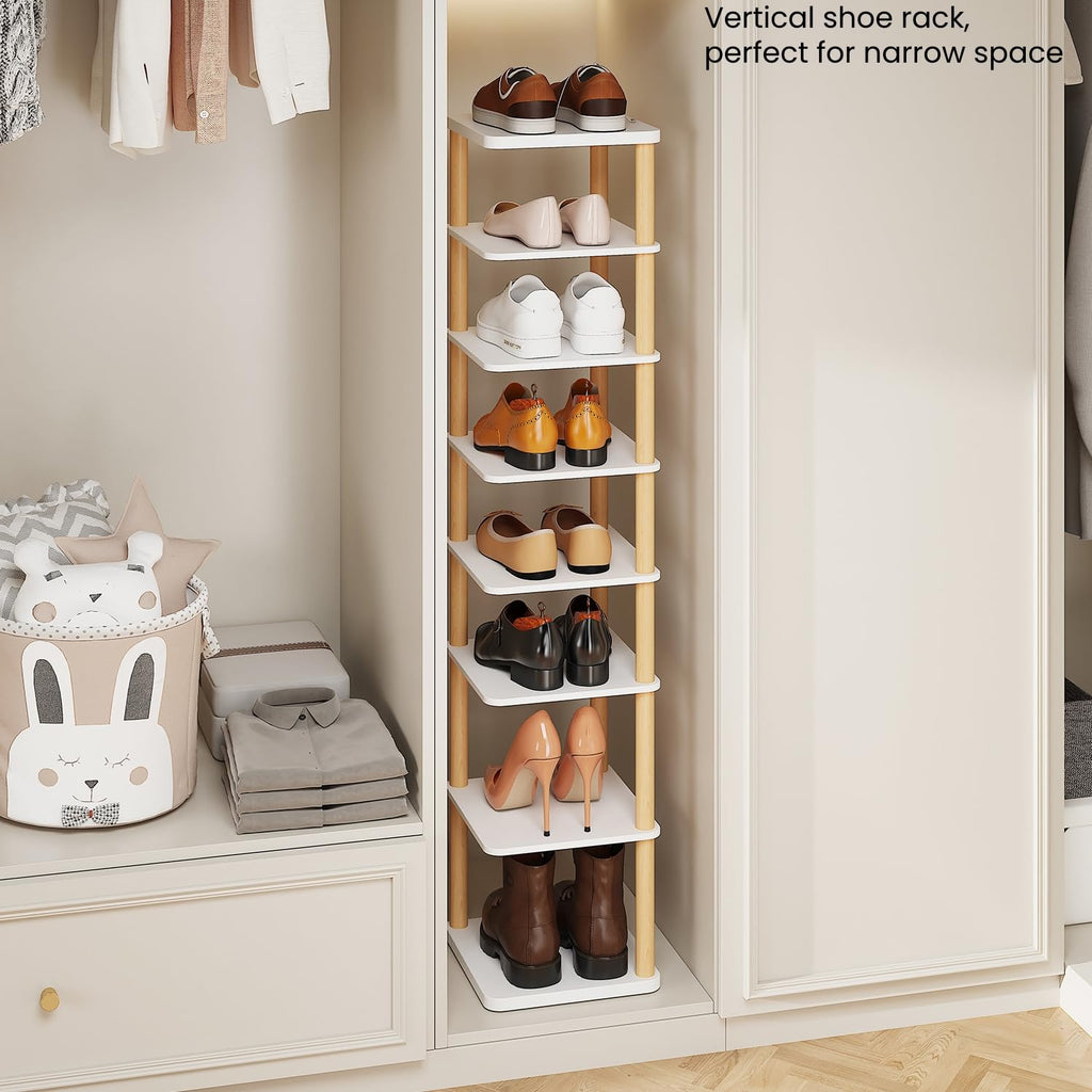 8 Tiers Vertical Shoe Rack, Tall Narrow Shoe Tower, Corner Shoe Rack, White