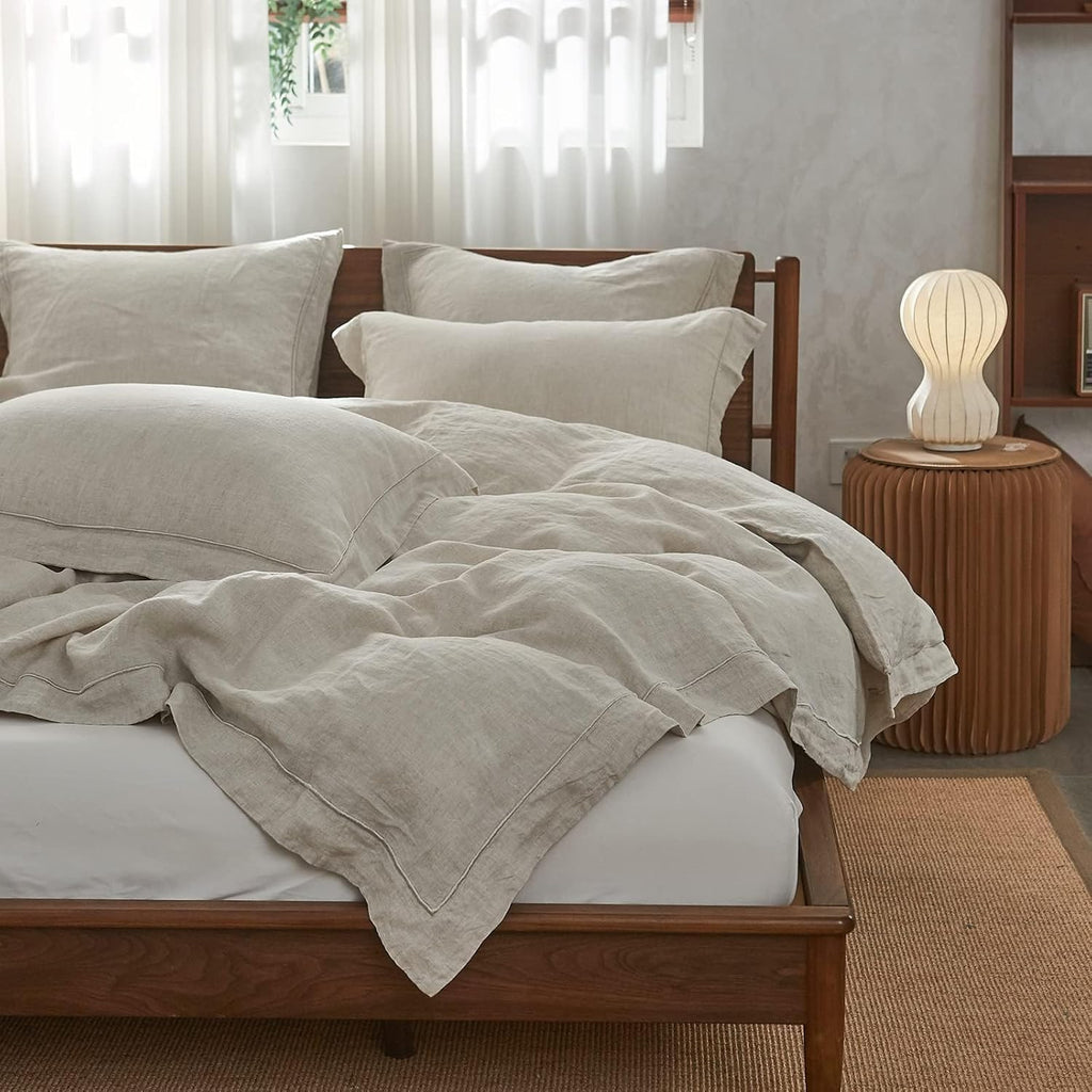 100% French Flax Linen Duvet Cover Set with Embroidery Washed - 3 Pieces (1 Duvet Cover with 2 Pillow Shams) with Button Closure Soft Breathable Farmhouse - Linen, King Size
