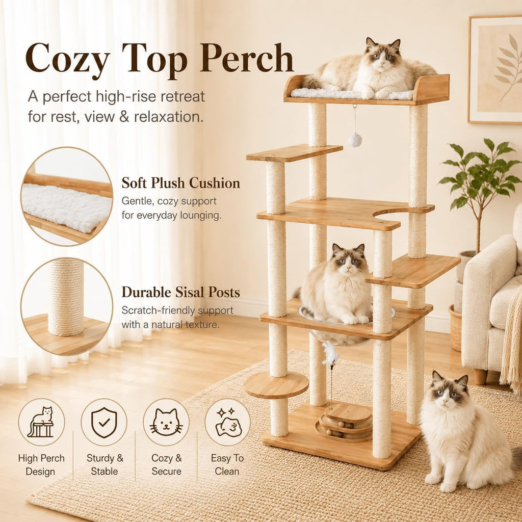 56in Wooden Cat Tree for Large Cats, Tall Sturdy Cat Tower