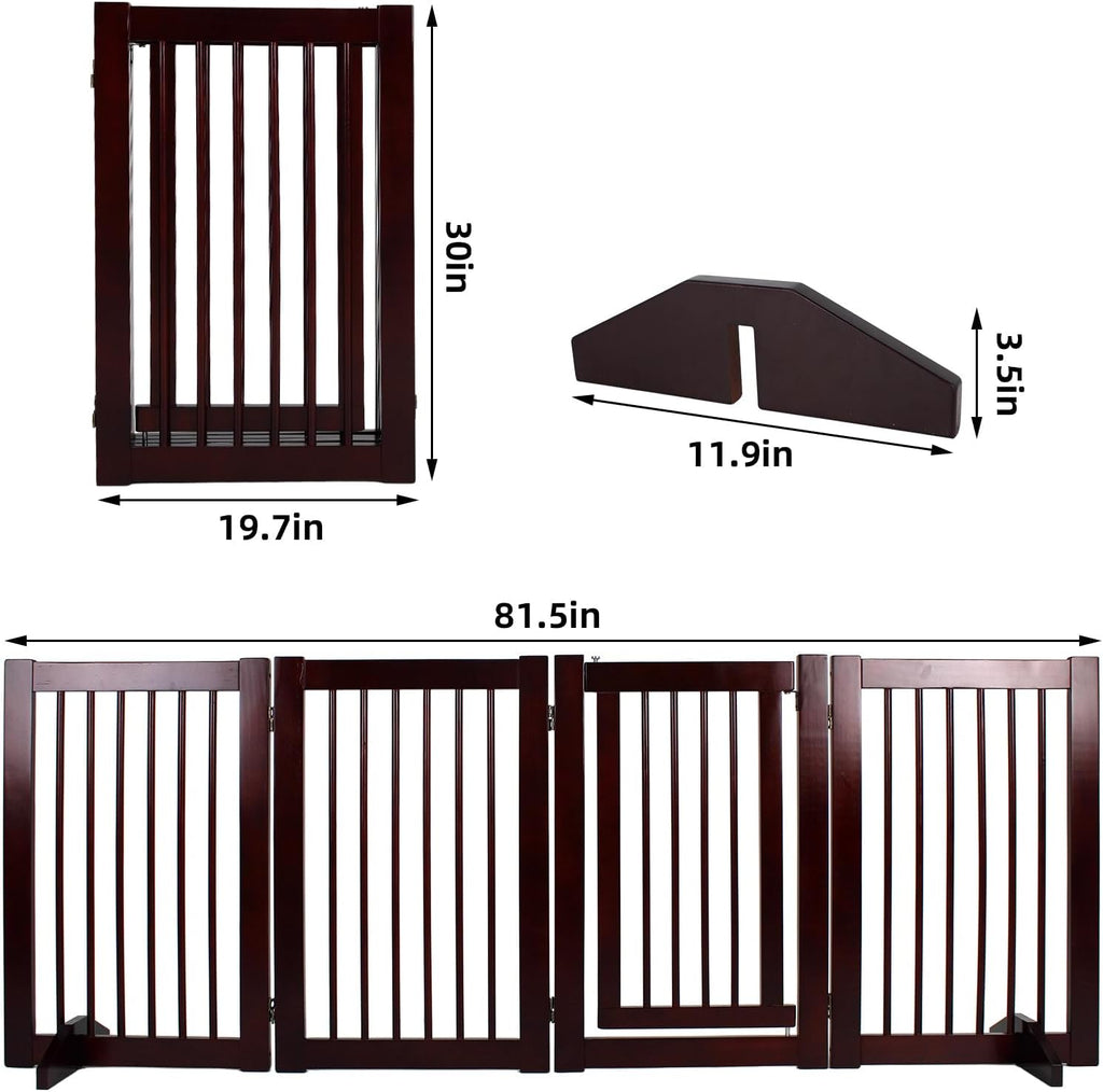 Wooden Free Standing Dog Gate with Door Walk Through, 30 inch 4 Panels Pet Gate for Dogs with 2 Support, Folding Dog