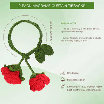 Boho Handmade Flower Curtain Tiebacks & Holdbacks, Red Roses - 2 Pack