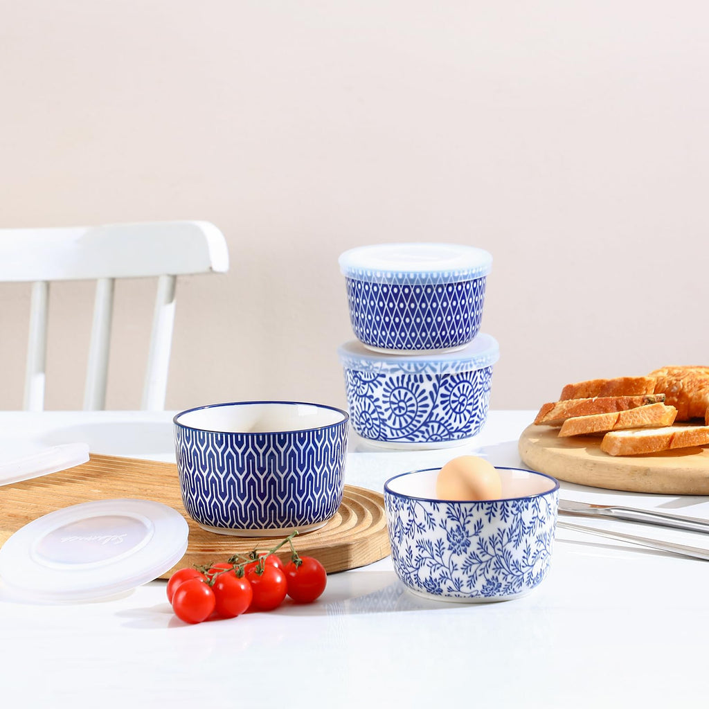 10 OZ Ceramic with Lids, Set of 6, Vintage Blue
