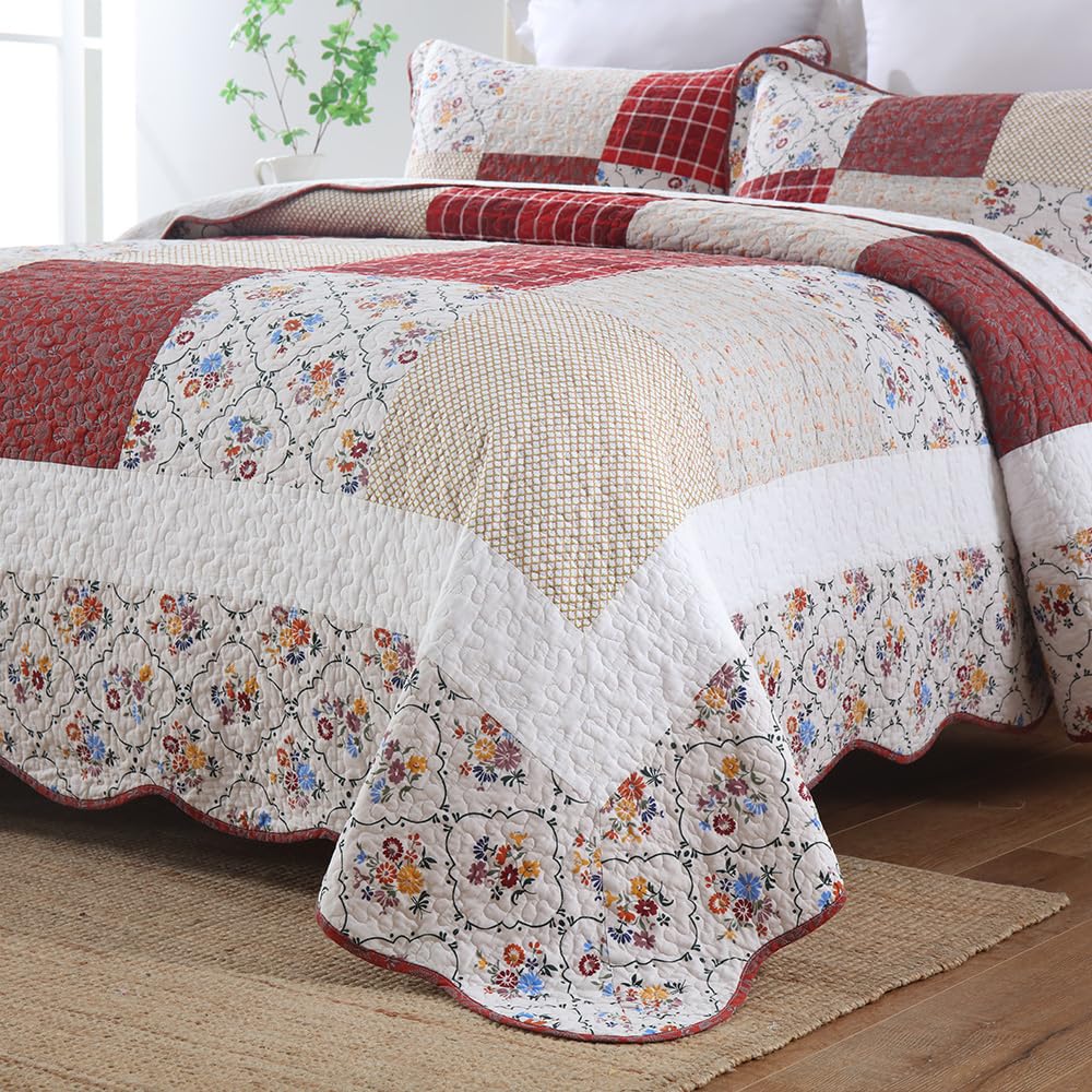 Cotton Bedspread Quilt Sets, 3 Pieces Reversible Coverlet Sets Lightweight Comforters, Farmhouse Rustic Vintage