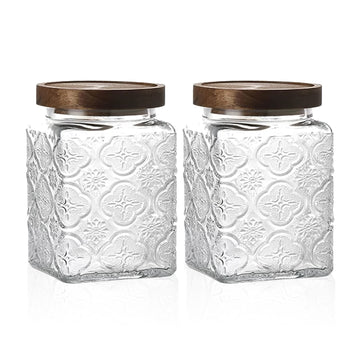 Vintage Glass Airtight Storage Jar Set of 2, With Airtight Wood Lid, Kitchen Food Storage Containers, Suitable for