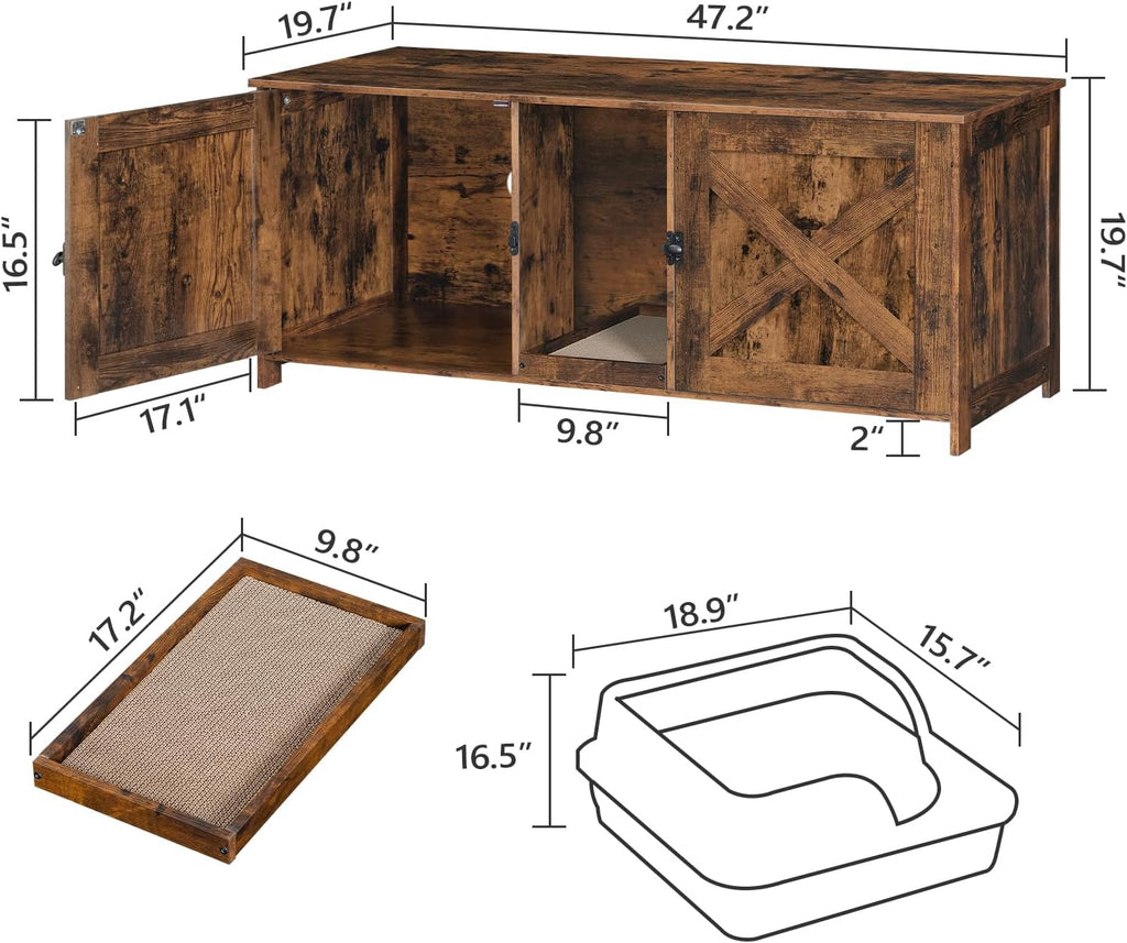 Cat Litter Box Enclosure for 2 Cats, 47.2" Hidden Litter Box Furniture with Double Room, Wooden Cat Washroom