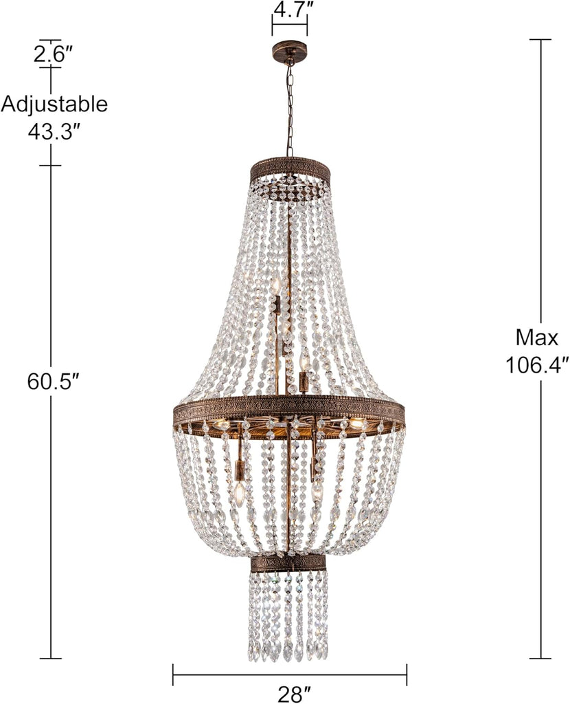 12-Light French Empire Crystal Chandelier, 60.5"H Bronze Rustic Farmhouse Light Fixture, Adjustable High Ceiling Chandelier for Dining Room,Living Room,Foyer,Entryway,Staircase,Hallway, 28"W A108-B0D17JKKGL