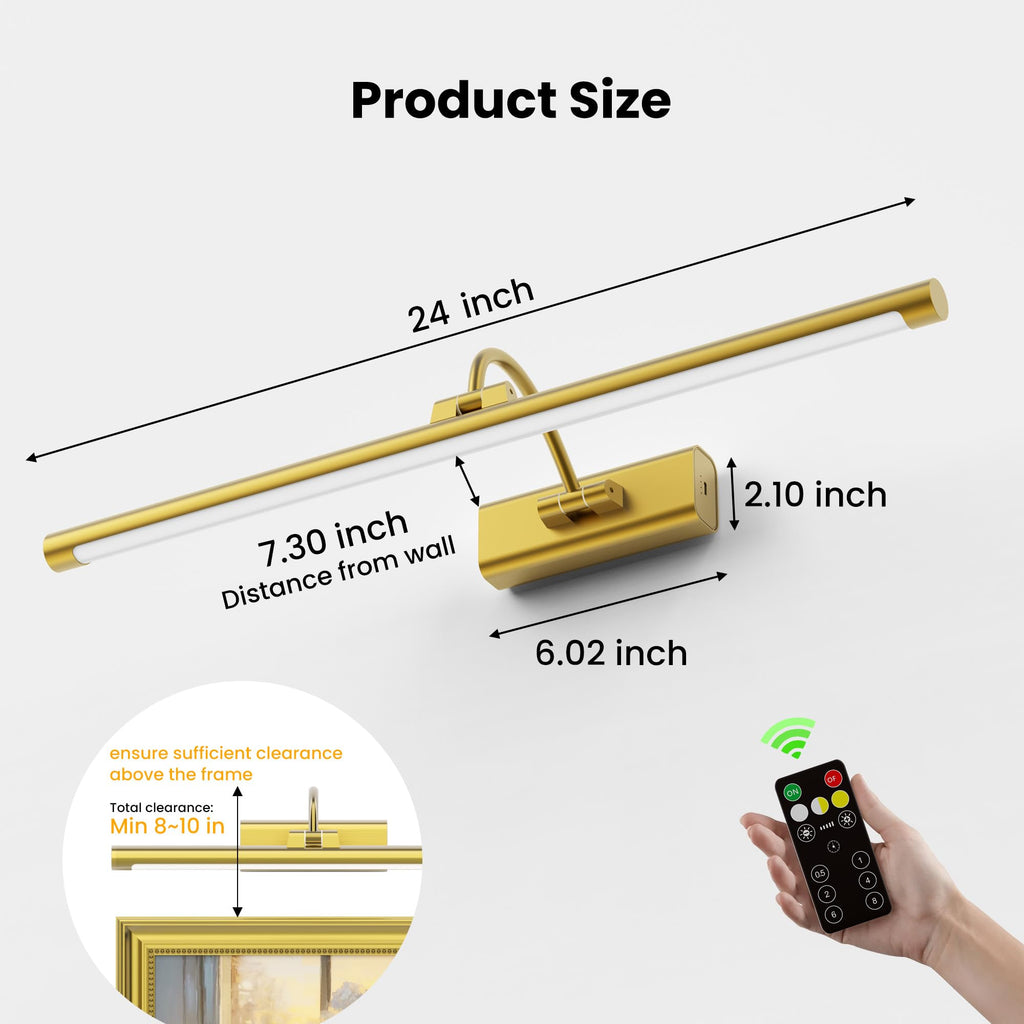 24" Picture Frame Light with 1pcs Extra 8000mAh Battery - Brass Cordless Rechargeable Wall Sconce with Remote & Large