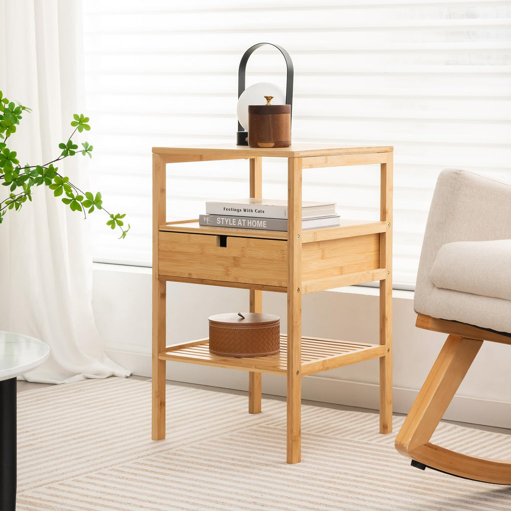 Bamboo Nightstand Set of 2, Wood Side Table with Drawer & Shelf