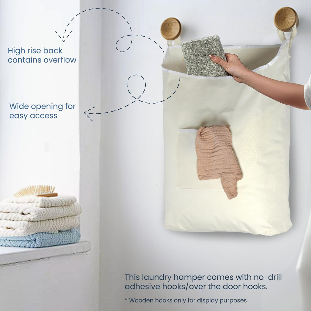 Over the Door Hanging Laundry hamper bag, 18x4.75x28", Beige-L