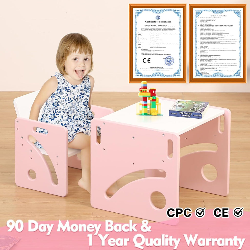 Height Adjustable Toddler Table and Chair Set for Age 1-3, Quality Solid Wood Montessori Table and Chairs, Weaning