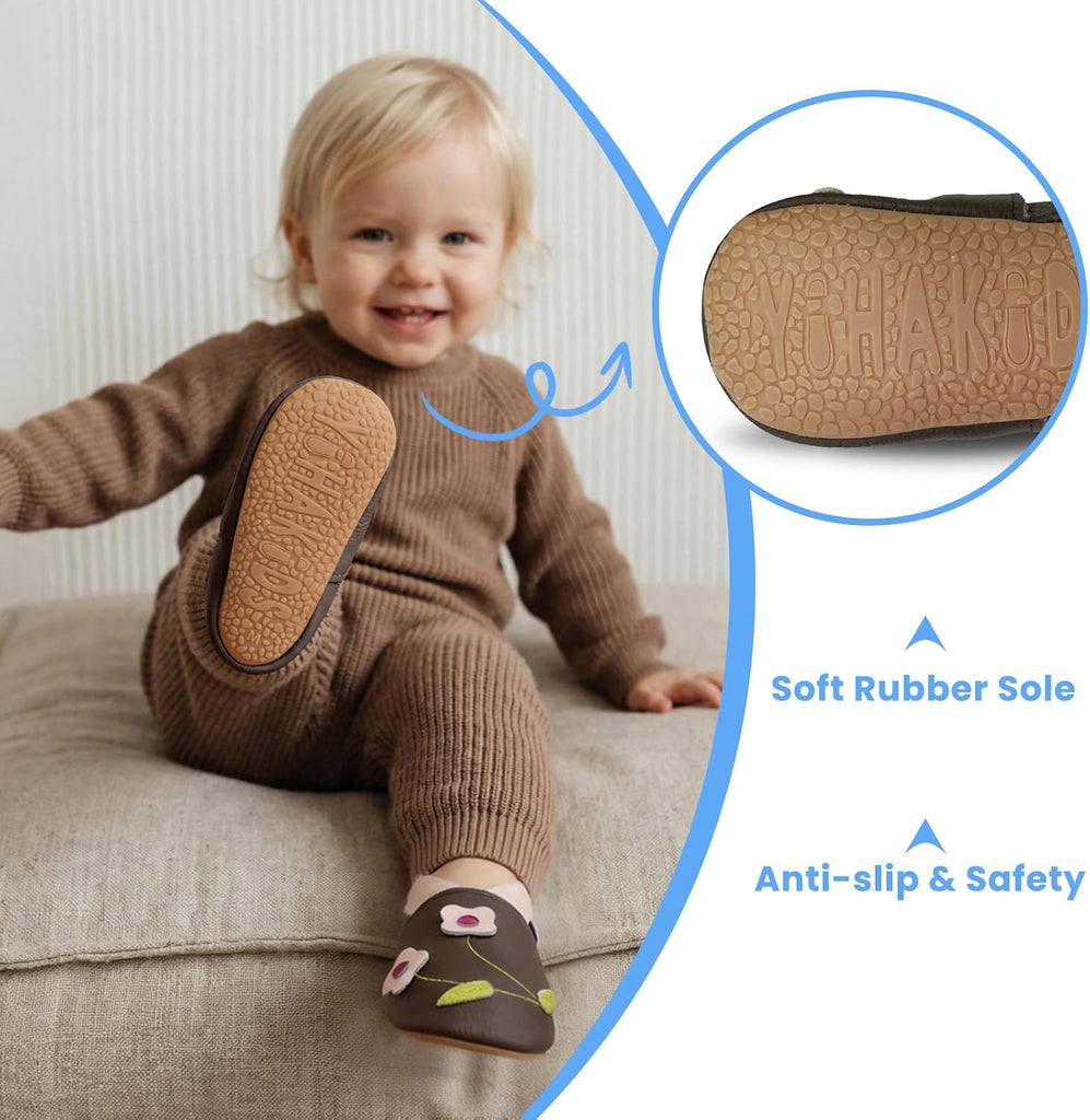 Baby Rubber Sole Shoes Boys Girls Infant Crawling Toddler Moccasins Leather Walking Anti-Slip Sole Slippers
